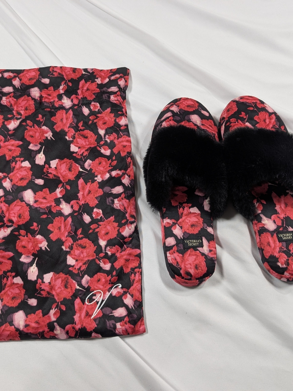 Victoria's Secret Black & Red Floral Faux-Fur Slide Slippers